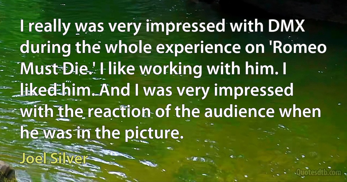 I really was very impressed with DMX during the whole experience on 'Romeo Must Die.' I like working with him. I liked him. And I was very impressed with the reaction of the audience when he was in the picture. (Joel Silver)
