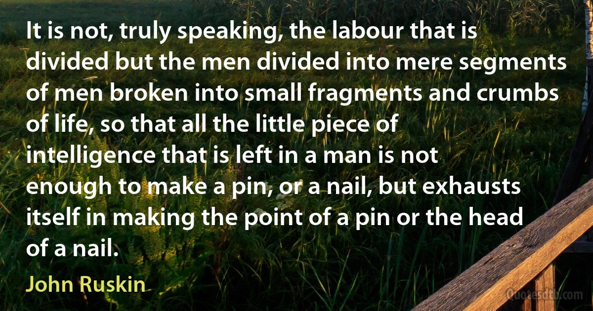 It is not, truly speaking, the labour that is divided but the men divided into mere segments of men broken into small fragments and crumbs of life, so that all the little piece of intelligence that is left in a man is not enough to make a pin, or a nail, but exhausts itself in making the point of a pin or the head of a nail. (John Ruskin)