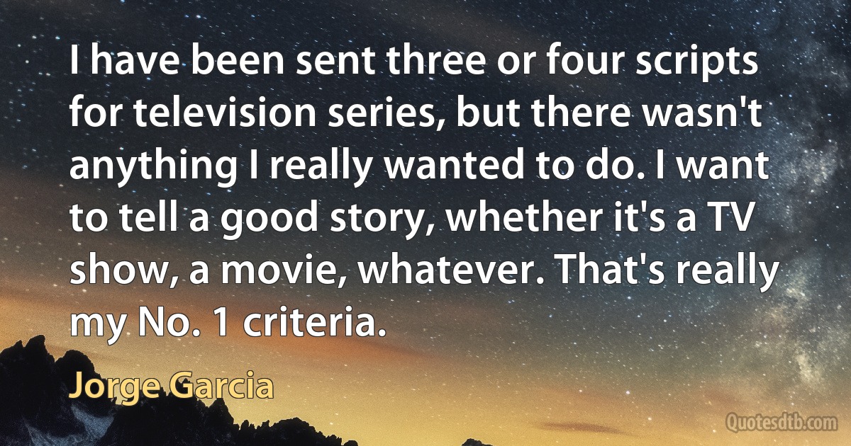 I have been sent three or four scripts for television series, but there wasn't anything I really wanted to do. I want to tell a good story, whether it's a TV show, a movie, whatever. That's really my No. 1 criteria. (Jorge Garcia)