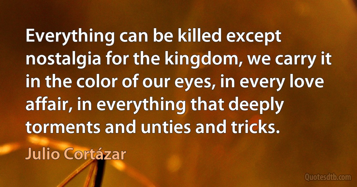 Everything can be killed except nostalgia for the kingdom, we carry it in the color of our eyes, in every love affair, in everything that deeply torments and unties and tricks. (Julio Cortázar)