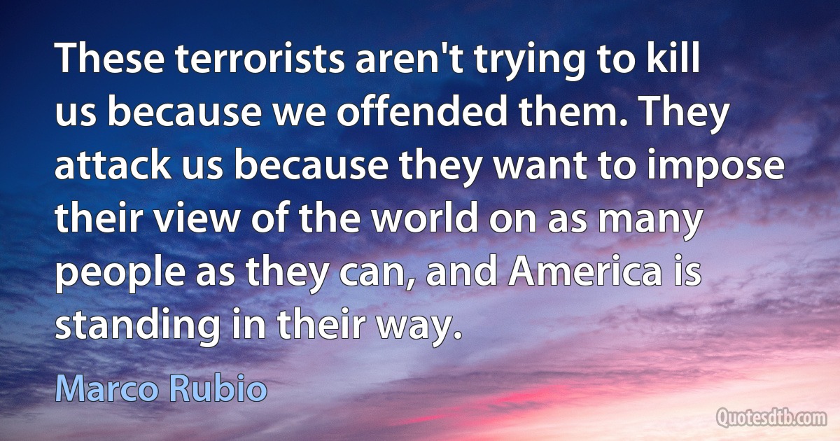 These terrorists aren't trying to kill us because we offended them. They attack us because they want to impose their view of the world on as many people as they can, and America is standing in their way. (Marco Rubio)