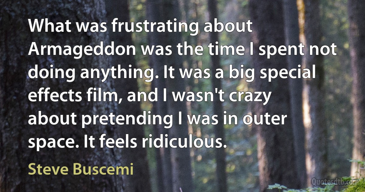 What was frustrating about Armageddon was the time I spent not doing anything. It was a big special effects film, and I wasn't crazy about pretending I was in outer space. It feels ridiculous. (Steve Buscemi)