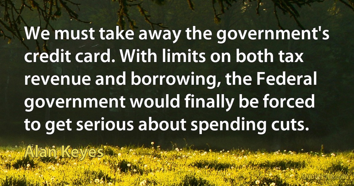 We must take away the government's credit card. With limits on both tax revenue and borrowing, the Federal government would finally be forced to get serious about spending cuts. (Alan Keyes)