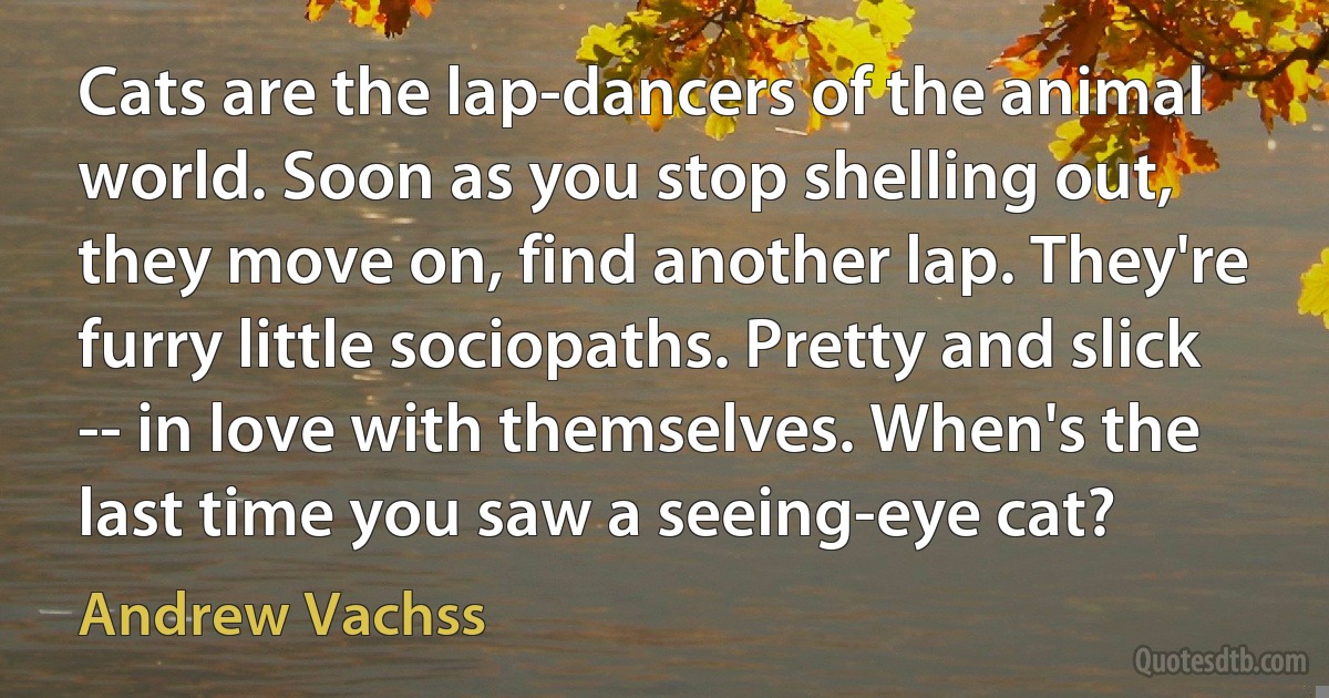 Cats are the lap-dancers of the animal world. Soon as you stop shelling out, they move on, find another lap. They're furry little sociopaths. Pretty and slick -- in love with themselves. When's the last time you saw a seeing-eye cat? (Andrew Vachss)