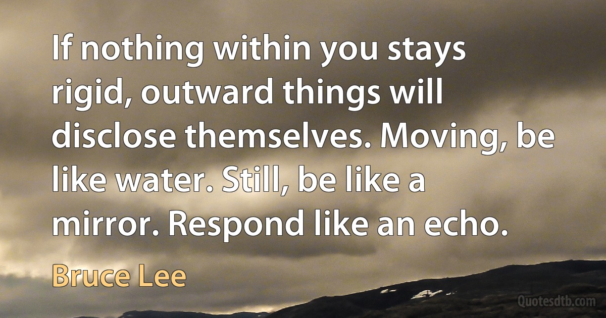 If nothing within you stays rigid, outward things will disclose themselves. Moving, be like water. Still, be like a mirror. Respond like an echo. (Bruce Lee)