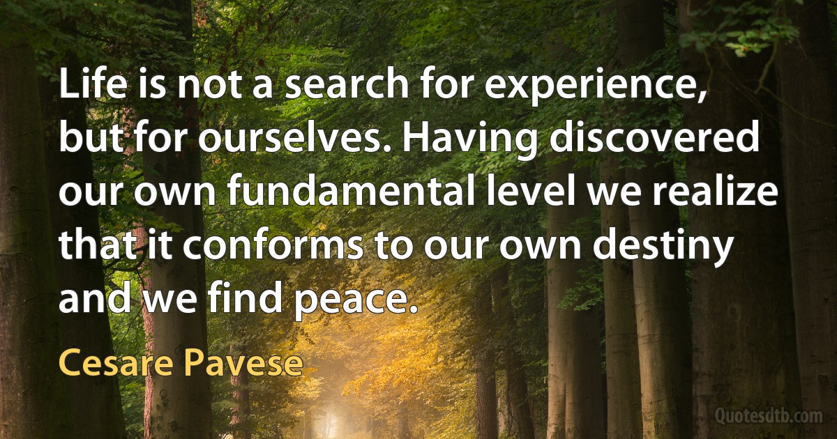 Life is not a search for experience, but for ourselves. Having discovered our own fundamental level we realize that it conforms to our own destiny and we find peace. (Cesare Pavese)