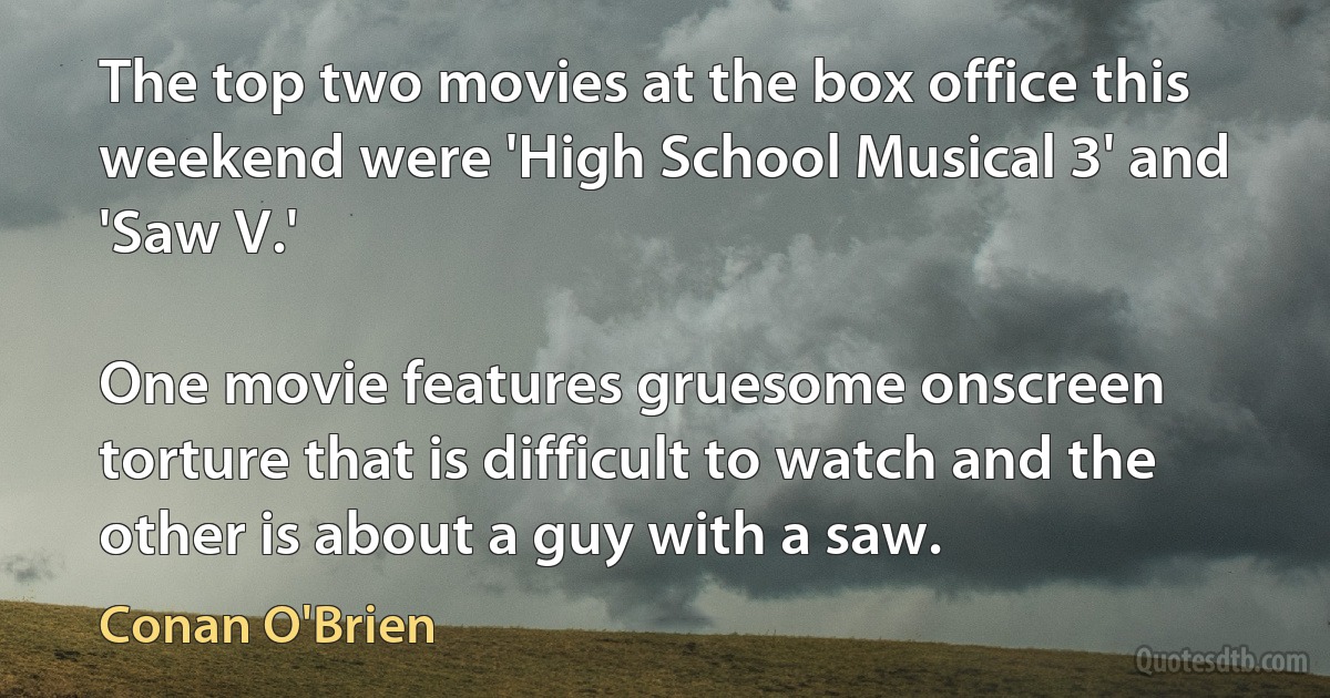 The top two movies at the box office this weekend were 'High School Musical 3' and 'Saw V.'

One movie features gruesome onscreen torture that is difficult to watch and the other is about a guy with a saw. (Conan O'Brien)