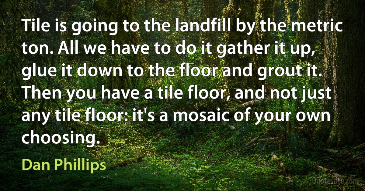 Tile is going to the landfill by the metric ton. All we have to do it gather it up, glue it down to the floor and grout it. Then you have a tile floor, and not just any tile floor: it's a mosaic of your own choosing. (Dan Phillips)