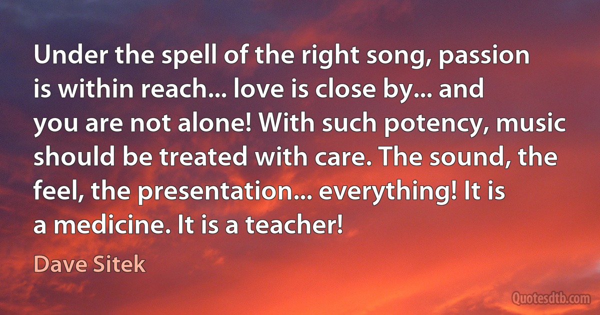 Under the spell of the right song, passion is within reach... love is close by... and you are not alone! With such potency, music should be treated with care. The sound, the feel, the presentation... everything! It is a medicine. It is a teacher! (Dave Sitek)