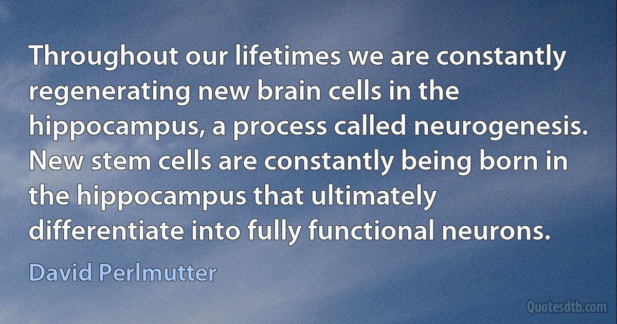 Throughout our lifetimes we are constantly regenerating new brain cells in the hippocampus, a process called neurogenesis. New stem cells are constantly being born in the hippocampus that ultimately differentiate into fully functional neurons. (David Perlmutter)