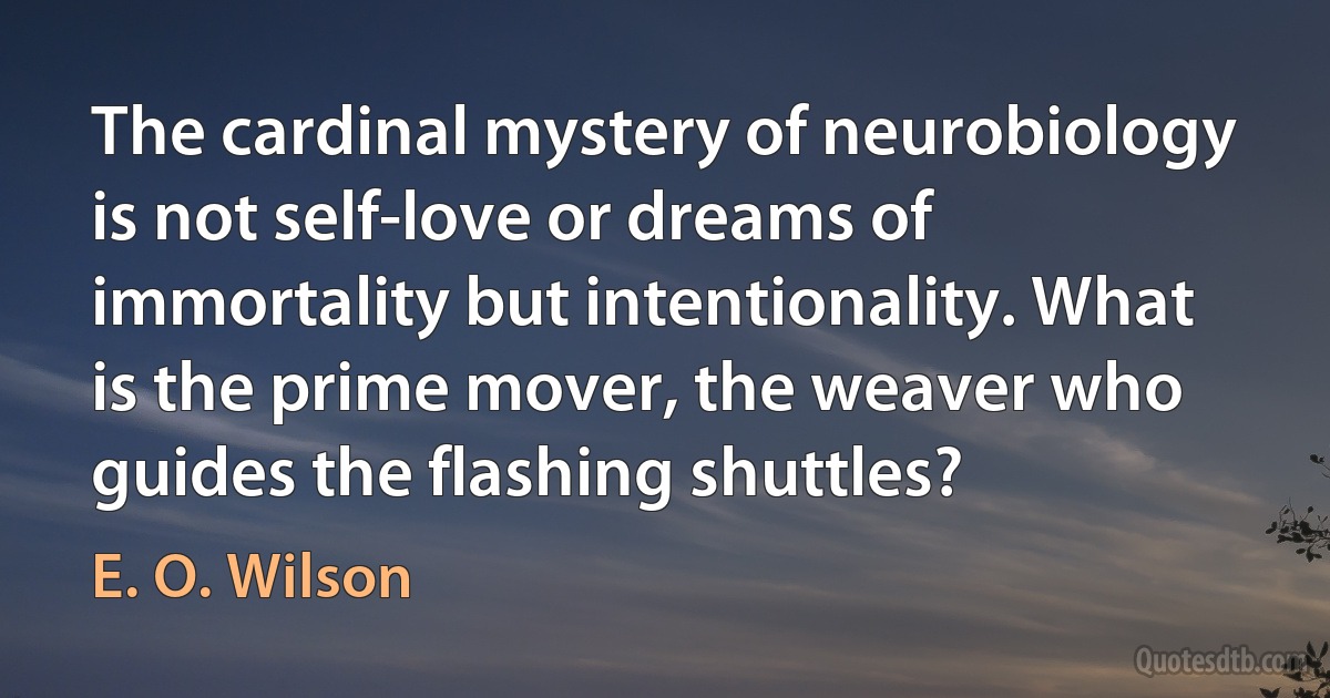 The cardinal mystery of neurobiology is not self-love or dreams of immortality but intentionality. What is the prime mover, the weaver who guides the flashing shuttles? (E. O. Wilson)