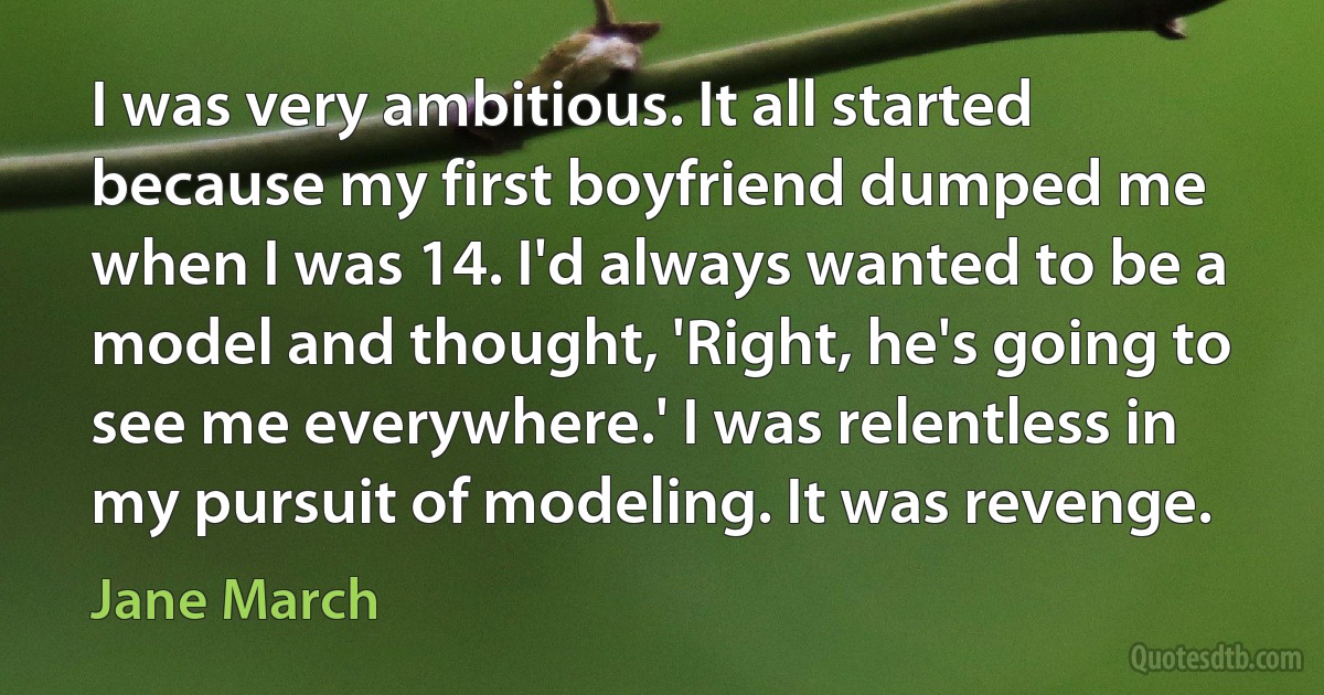 I was very ambitious. It all started because my first boyfriend dumped me when I was 14. I'd always wanted to be a model and thought, 'Right, he's going to see me everywhere.' I was relentless in my pursuit of modeling. It was revenge. (Jane March)