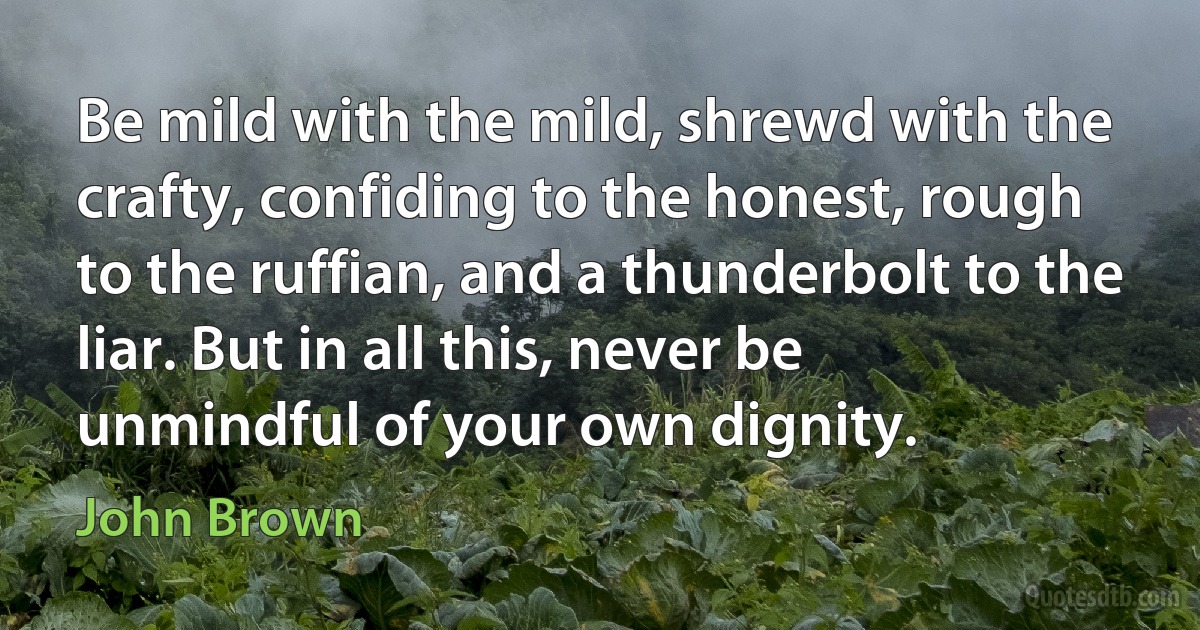 Be mild with the mild, shrewd with the crafty, confiding to the honest, rough to the ruffian, and a thunderbolt to the liar. But in all this, never be unmindful of your own dignity. (John Brown)