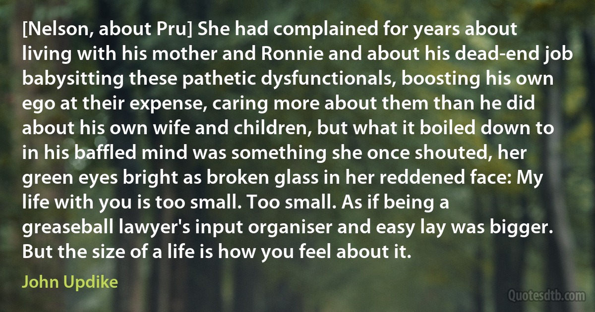 [Nelson, about Pru] She had complained for years about living with his mother and Ronnie and about his dead-end job babysitting these pathetic dysfunctionals, boosting his own ego at their expense, caring more about them than he did about his own wife and children, but what it boiled down to in his baffled mind was something she once shouted, her green eyes bright as broken glass in her reddened face: My life with you is too small. Too small. As if being a greaseball lawyer's input organiser and easy lay was bigger. But the size of a life is how you feel about it. (John Updike)