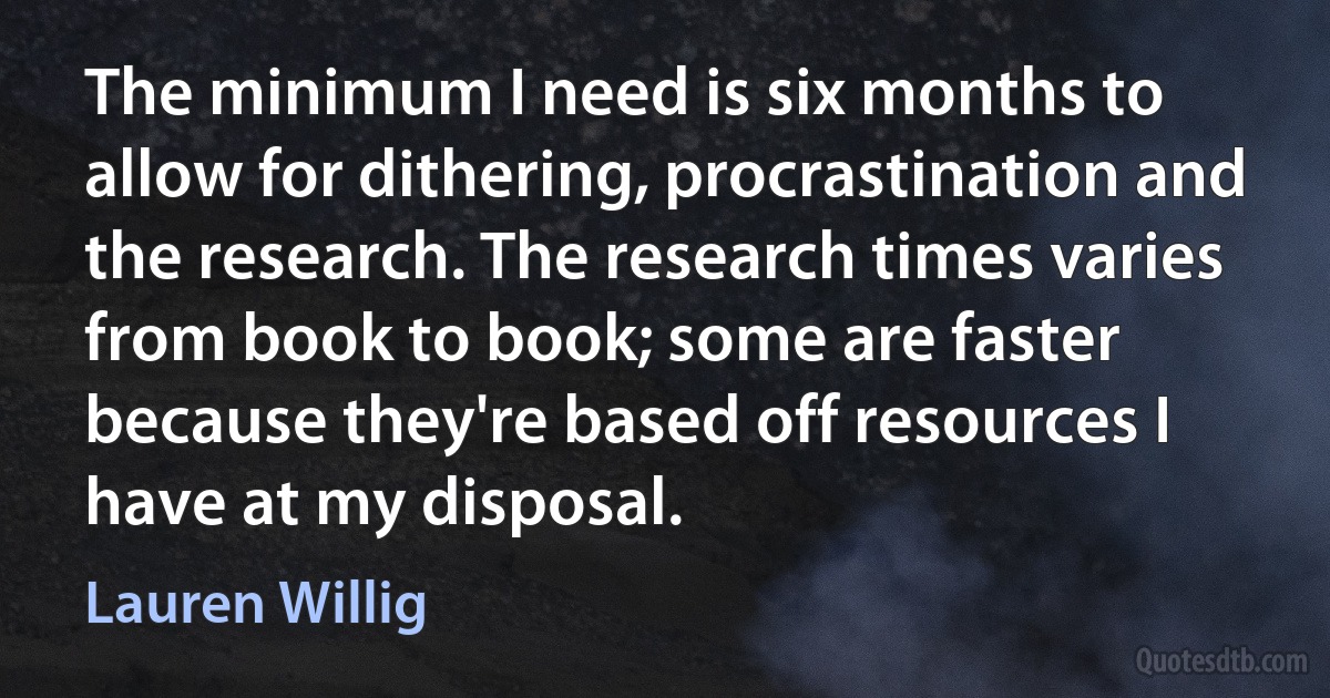 The minimum I need is six months to allow for dithering, procrastination and the research. The research times varies from book to book; some are faster because they're based off resources I have at my disposal. (Lauren Willig)