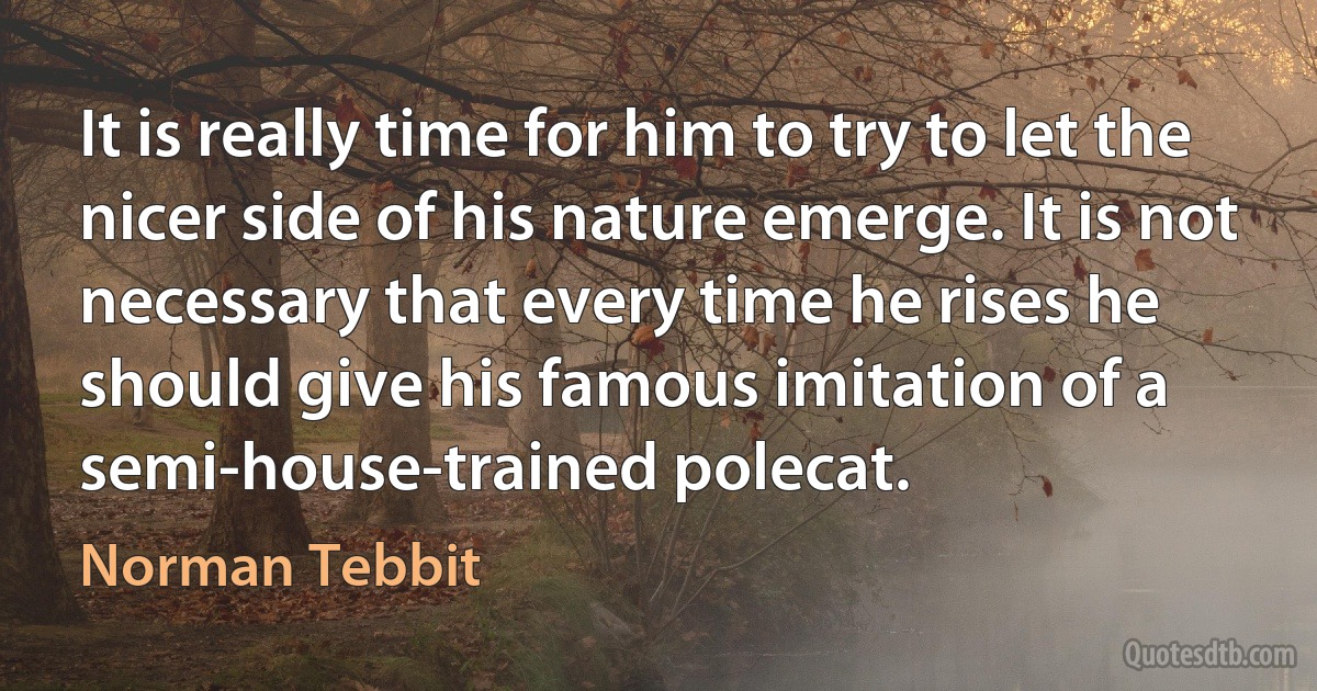 It is really time for him to try to let the nicer side of his nature emerge. It is not necessary that every time he rises he should give his famous imitation of a semi-house-trained polecat. (Norman Tebbit)