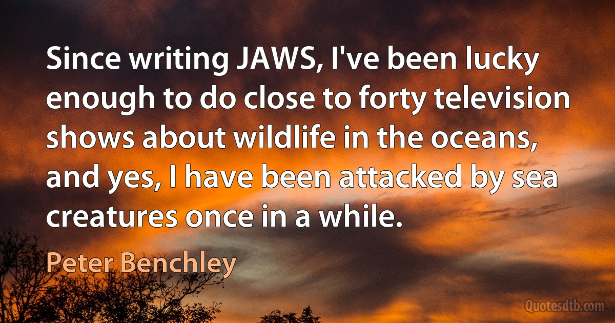 Since writing JAWS, I've been lucky enough to do close to forty television shows about wildlife in the oceans, and yes, I have been attacked by sea creatures once in a while. (Peter Benchley)