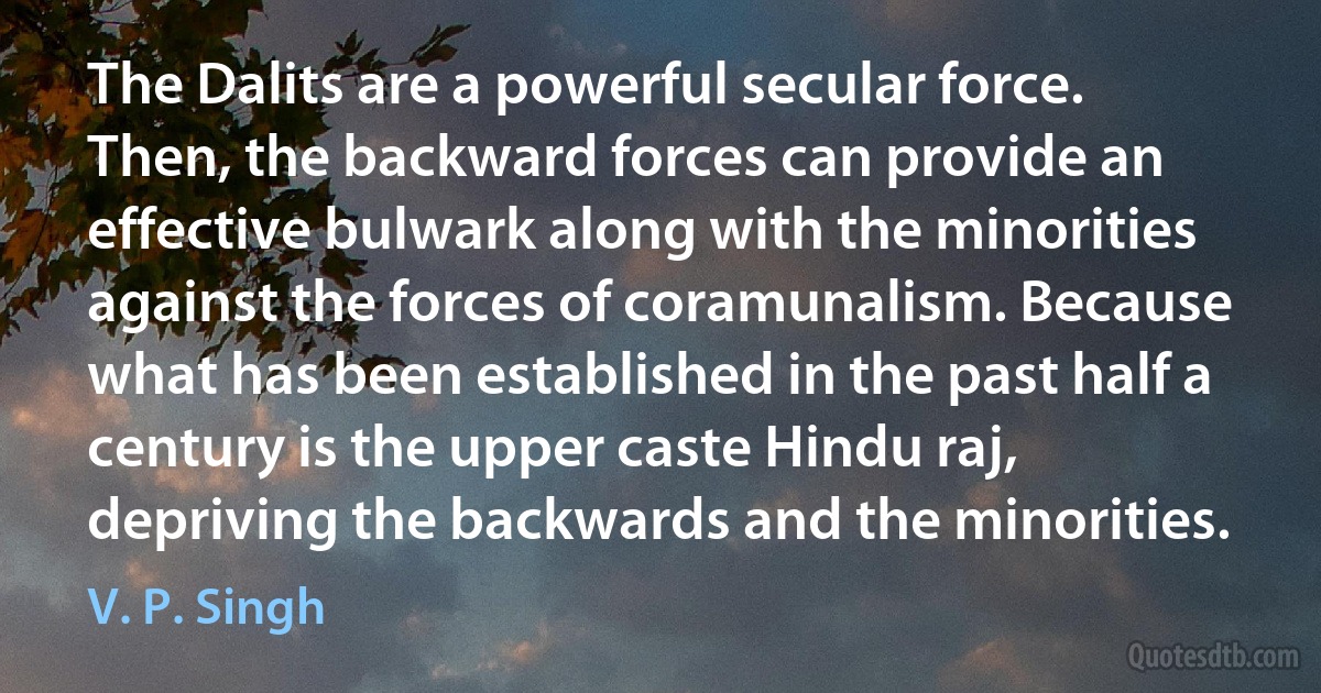 The Dalits are a powerful secular force. Then, the backward forces can provide an effective bulwark along with the minorities against the forces of coramunalism. Because what has been established in the past half a century is the upper caste Hindu raj, depriving the backwards and the minorities. (V. P. Singh)