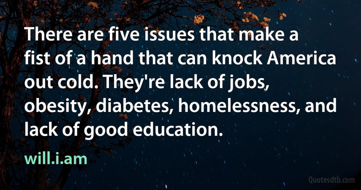 There are five issues that make a fist of a hand that can knock America out cold. They're lack of jobs, obesity, diabetes, homelessness, and lack of good education. (will.i.am)