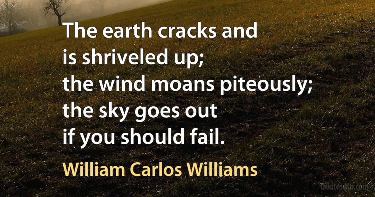 The earth cracks and
is shriveled up;
the wind moans piteously;
the sky goes out
if you should fail. (William Carlos Williams)