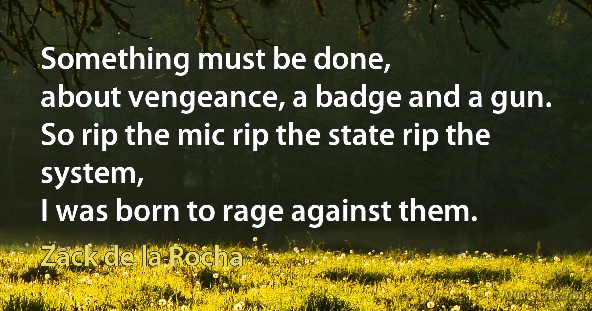 Something must be done,
about vengeance, a badge and a gun.
So rip the mic rip the state rip the system,
I was born to rage against them. (Zack de la Rocha)