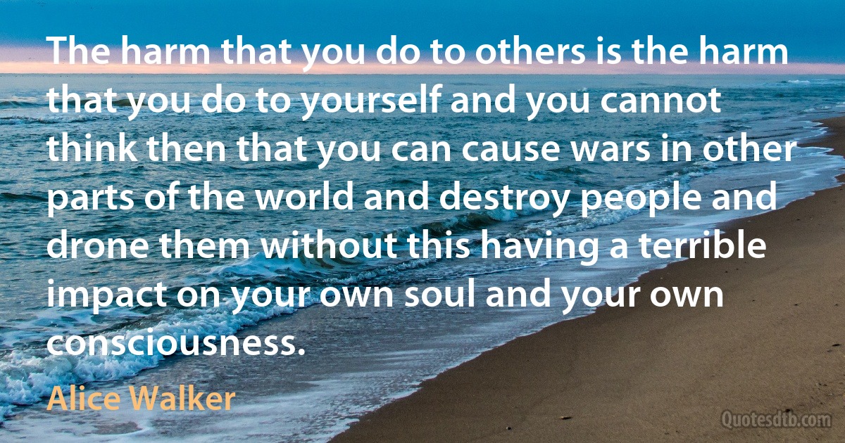 The harm that you do to others is the harm that you do to yourself and you cannot think then that you can cause wars in other parts of the world and destroy people and drone them without this having a terrible impact on your own soul and your own consciousness. (Alice Walker)