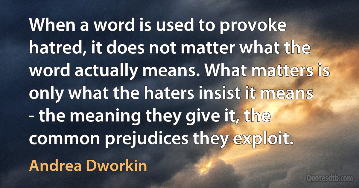 When a word is used to provoke hatred, it does not matter what the word actually means. What matters is only what the haters insist it means - the meaning they give it, the common prejudices they exploit. (Andrea Dworkin)