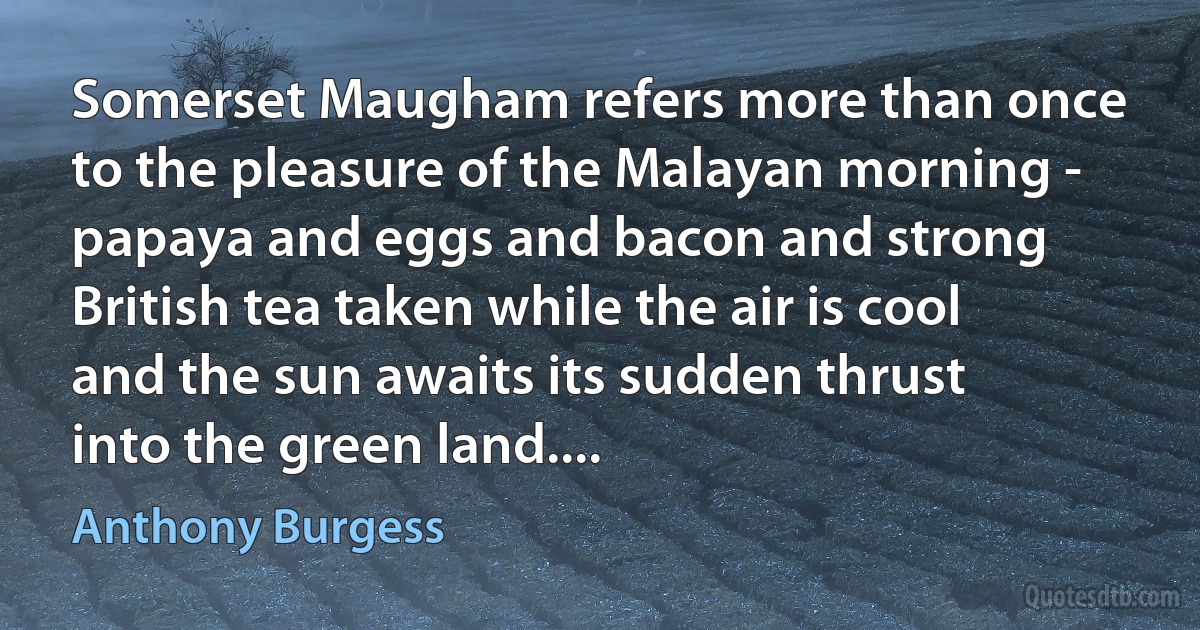 Somerset Maugham refers more than once to the pleasure of the Malayan morning - papaya and eggs and bacon and strong British tea taken while the air is cool and the sun awaits its sudden thrust into the green land.... (Anthony Burgess)