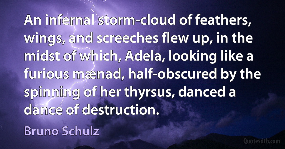 An infernal storm-cloud of feathers, wings, and screeches flew up, in the midst of which, Adela, looking like a furious mænad, half-obscured by the spinning of her thyrsus, danced a dance of destruction. (Bruno Schulz)