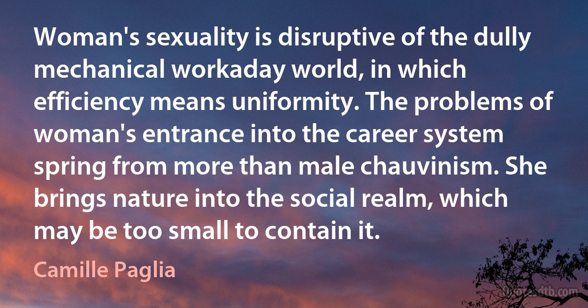 Woman's sexuality is disruptive of the dully mechanical workaday world, in which efficiency means uniformity. The problems of woman's entrance into the career system spring from more than male chauvinism. She brings nature into the social realm, which may be too small to contain it. (Camille Paglia)