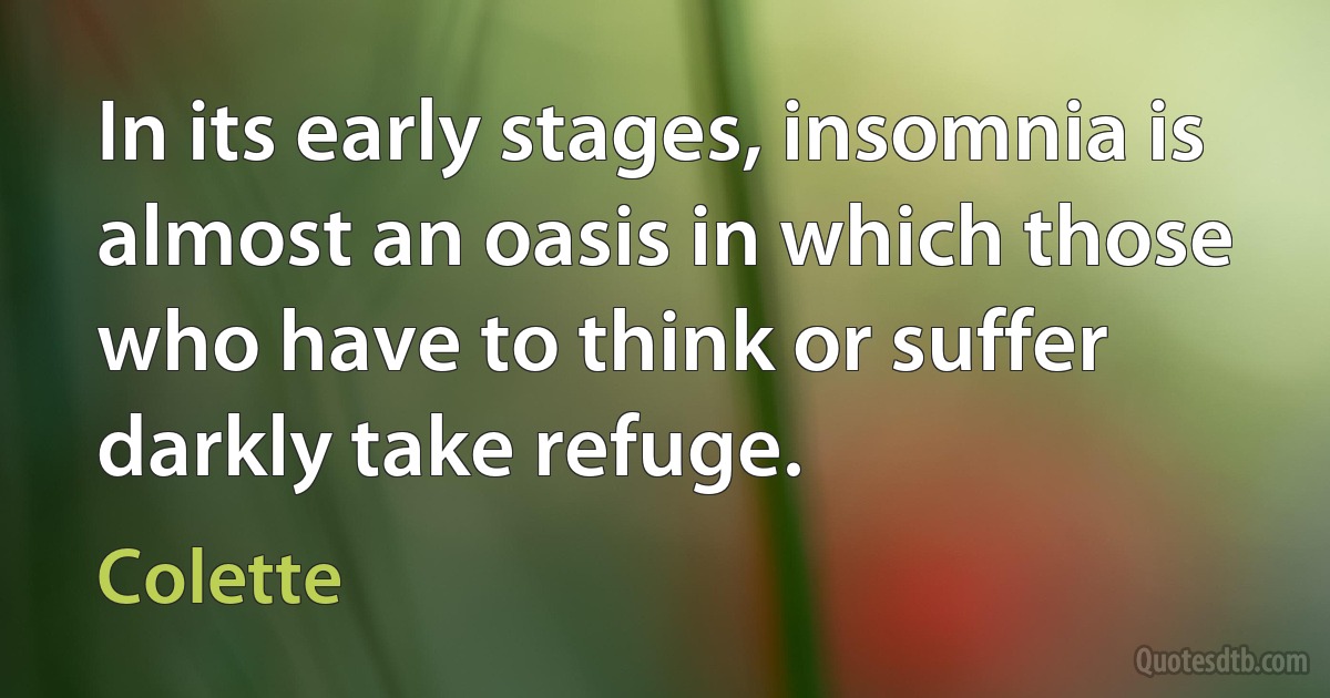 In its early stages, insomnia is almost an oasis in which those who have to think or suffer darkly take refuge. (Colette)