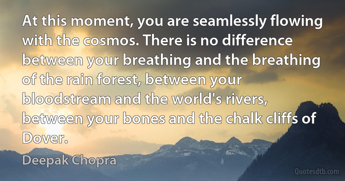 At this moment, you are seamlessly flowing with the cosmos. There is no difference between your breathing and the breathing of the rain forest, between your bloodstream and the world's rivers, between your bones and the chalk cliffs of Dover. (Deepak Chopra)