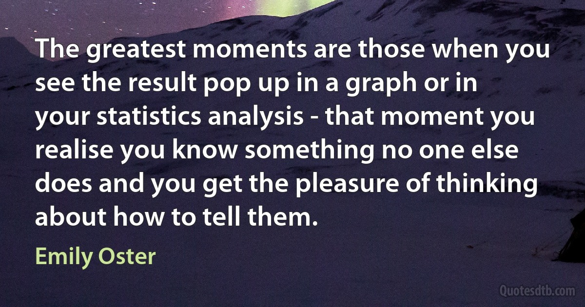 The greatest moments are those when you see the result pop up in a graph or in your statistics analysis - that moment you realise you know something no one else does and you get the pleasure of thinking about how to tell them. (Emily Oster)