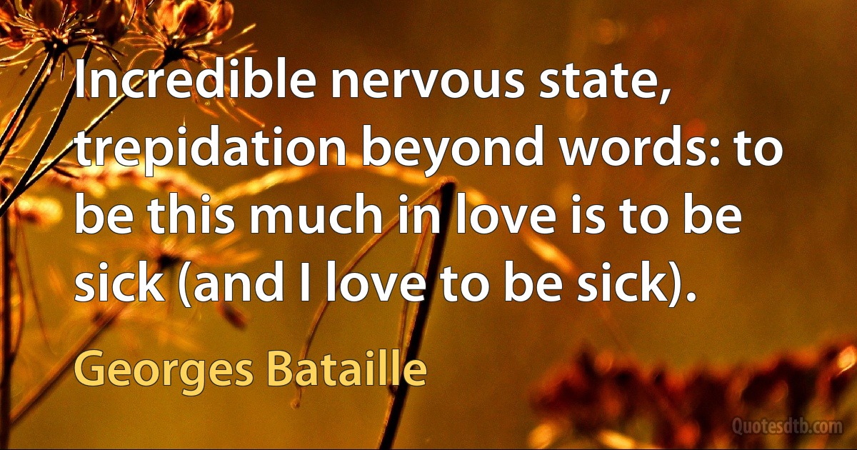 Incredible nervous state, trepidation beyond words: to be this much in love is to be sick (and I love to be sick). (Georges Bataille)