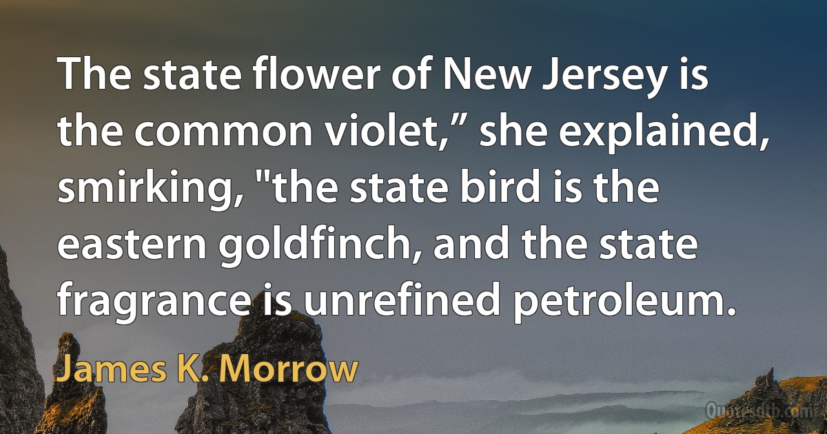 The state flower of New Jersey is the common violet,” she explained, smirking, "the state bird is the eastern goldfinch, and the state fragrance is unrefined petroleum. (James K. Morrow)