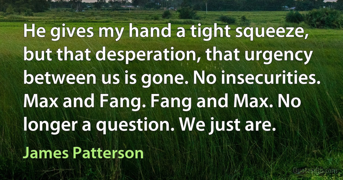 He gives my hand a tight squeeze, but that desperation, that urgency between us is gone. No insecurities. Max and Fang. Fang and Max. No longer a question. We just are. (James Patterson)