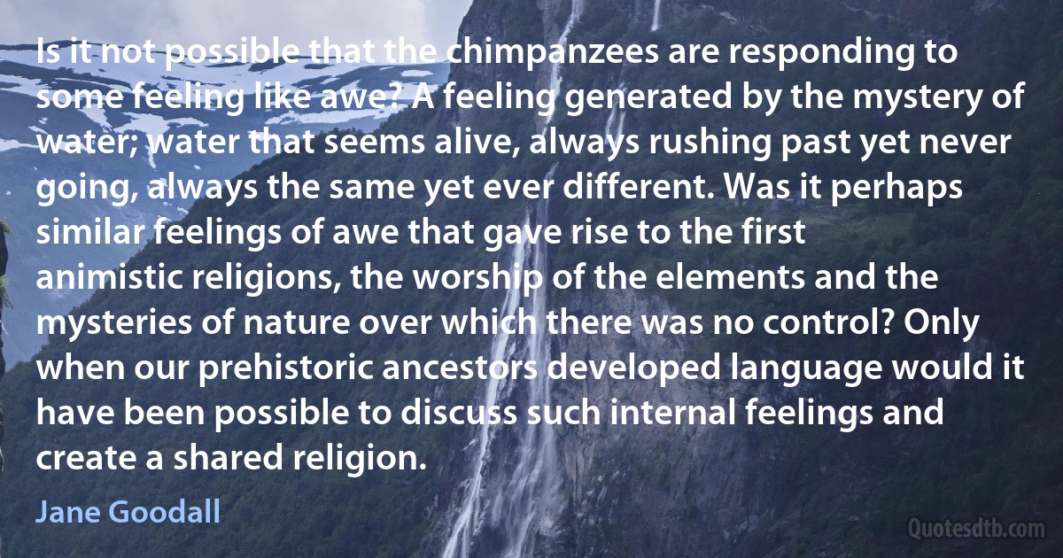 Is it not possible that the chimpanzees are responding to some feeling like awe? A feeling generated by the mystery of water; water that seems alive, always rushing past yet never going, always the same yet ever different. Was it perhaps similar feelings of awe that gave rise to the first animistic religions, the worship of the elements and the mysteries of nature over which there was no control? Only when our prehistoric ancestors developed language would it have been possible to discuss such internal feelings and create a shared religion. (Jane Goodall)