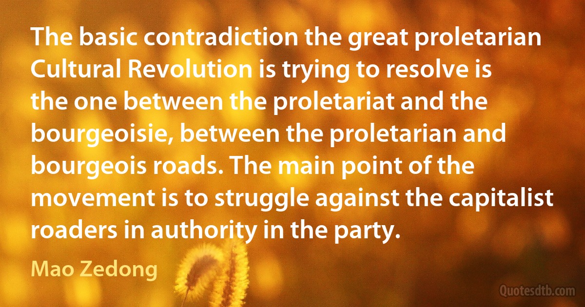 The basic contradiction the great proletarian Cultural Revolution is trying to resolve is the one between the proletariat and the bourgeoisie, between the proletarian and bourgeois roads. The main point of the movement is to struggle against the capitalist roaders in authority in the party. (Mao Zedong)