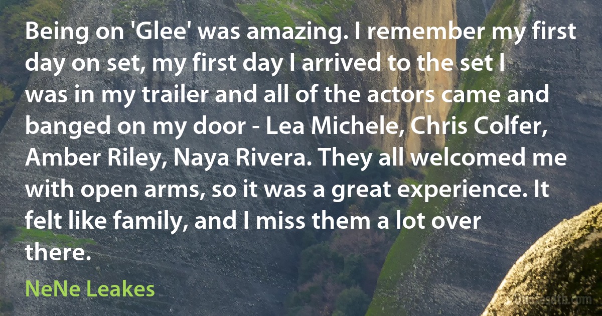 Being on 'Glee' was amazing. I remember my first day on set, my first day I arrived to the set I was in my trailer and all of the actors came and banged on my door - Lea Michele, Chris Colfer, Amber Riley, Naya Rivera. They all welcomed me with open arms, so it was a great experience. It felt like family, and I miss them a lot over there. (NeNe Leakes)