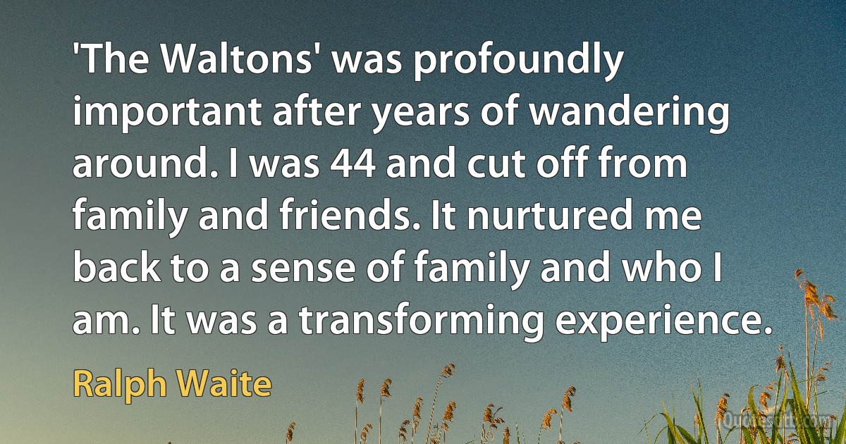 'The Waltons' was profoundly important after years of wandering around. I was 44 and cut off from family and friends. It nurtured me back to a sense of family and who I am. It was a transforming experience. (Ralph Waite)