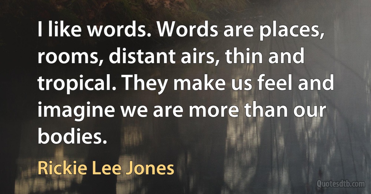 I like words. Words are places, rooms, distant airs, thin and tropical. They make us feel and imagine we are more than our bodies. (Rickie Lee Jones)