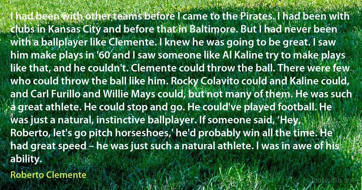 I had been with other teams before I came to the Pirates. I had been with clubs in Kansas City and before that in Baltimore. But I had never been with a ballplayer like Clemente. I knew he was going to be great. I saw him make plays in '60 and I saw someone like Al Kaline try to make plays like that, and he couldn't. Clemente could throw the ball. There were few who could throw the ball like him. Rocky Colavito could and Kaline could, and Carl Furillo and Willie Mays could, but not many of them. He was such a great athlete. He could stop and go. He could've played football. He was just a natural, instinctive ballplayer. If someone said, ‘Hey, Roberto, let's go pitch horseshoes,' he'd probably win all the time. He had great speed – he was just such a natural athlete. I was in awe of his ability. (Roberto Clemente)