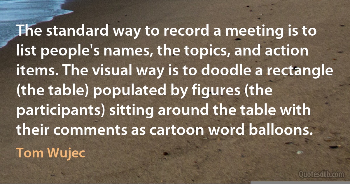 The standard way to record a meeting is to list people's names, the topics, and action items. The visual way is to doodle a rectangle (the table) populated by figures (the participants) sitting around the table with their comments as cartoon word balloons. (Tom Wujec)