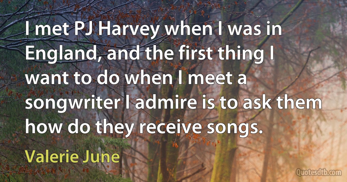 I met PJ Harvey when I was in England, and the first thing I want to do when I meet a songwriter I admire is to ask them how do they receive songs. (Valerie June)