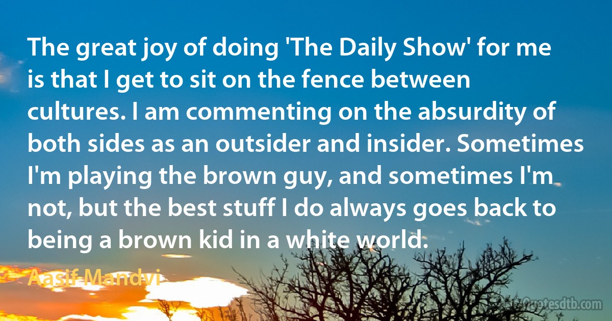 The great joy of doing 'The Daily Show' for me is that I get to sit on the fence between cultures. I am commenting on the absurdity of both sides as an outsider and insider. Sometimes I'm playing the brown guy, and sometimes I'm not, but the best stuff I do always goes back to being a brown kid in a white world. (Aasif Mandvi)