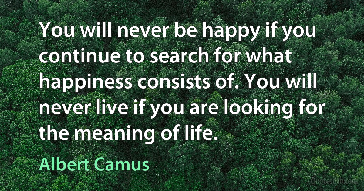 You will never be happy if you continue to search for what happiness consists of. You will never live if you are looking for the meaning of life. (Albert Camus)