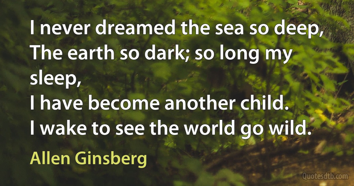 I never dreamed the sea so deep,
The earth so dark; so long my sleep,
I have become another child.
I wake to see the world go wild. (Allen Ginsberg)