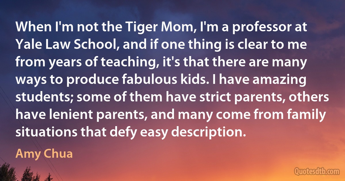 When I'm not the Tiger Mom, I'm a professor at Yale Law School, and if one thing is clear to me from years of teaching, it's that there are many ways to produce fabulous kids. I have amazing students; some of them have strict parents, others have lenient parents, and many come from family situations that defy easy description. (Amy Chua)