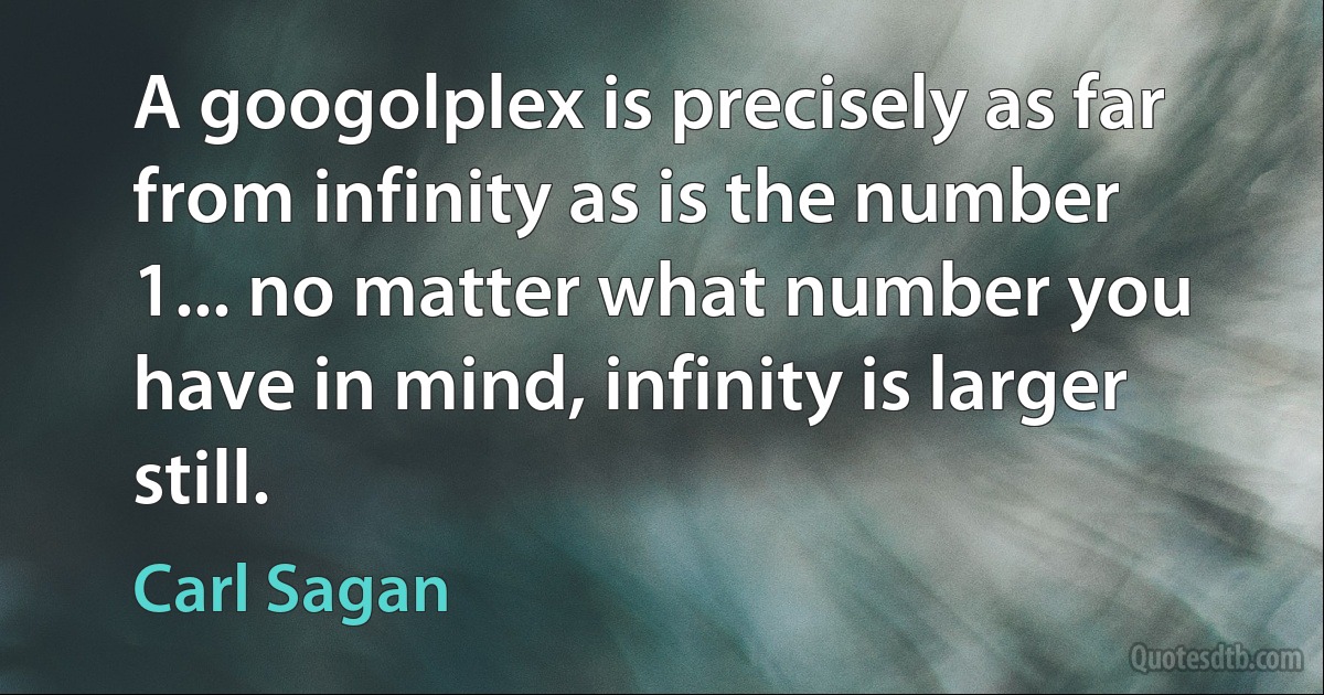 A googolplex is precisely as far from infinity as is the number 1... no matter what number you have in mind, infinity is larger still. (Carl Sagan)