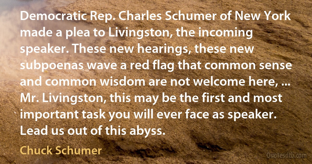 Democratic Rep. Charles Schumer of New York made a plea to Livingston, the incoming speaker. These new hearings, these new subpoenas wave a red flag that common sense and common wisdom are not welcome here, ... Mr. Livingston, this may be the first and most important task you will ever face as speaker. Lead us out of this abyss. (Chuck Schumer)